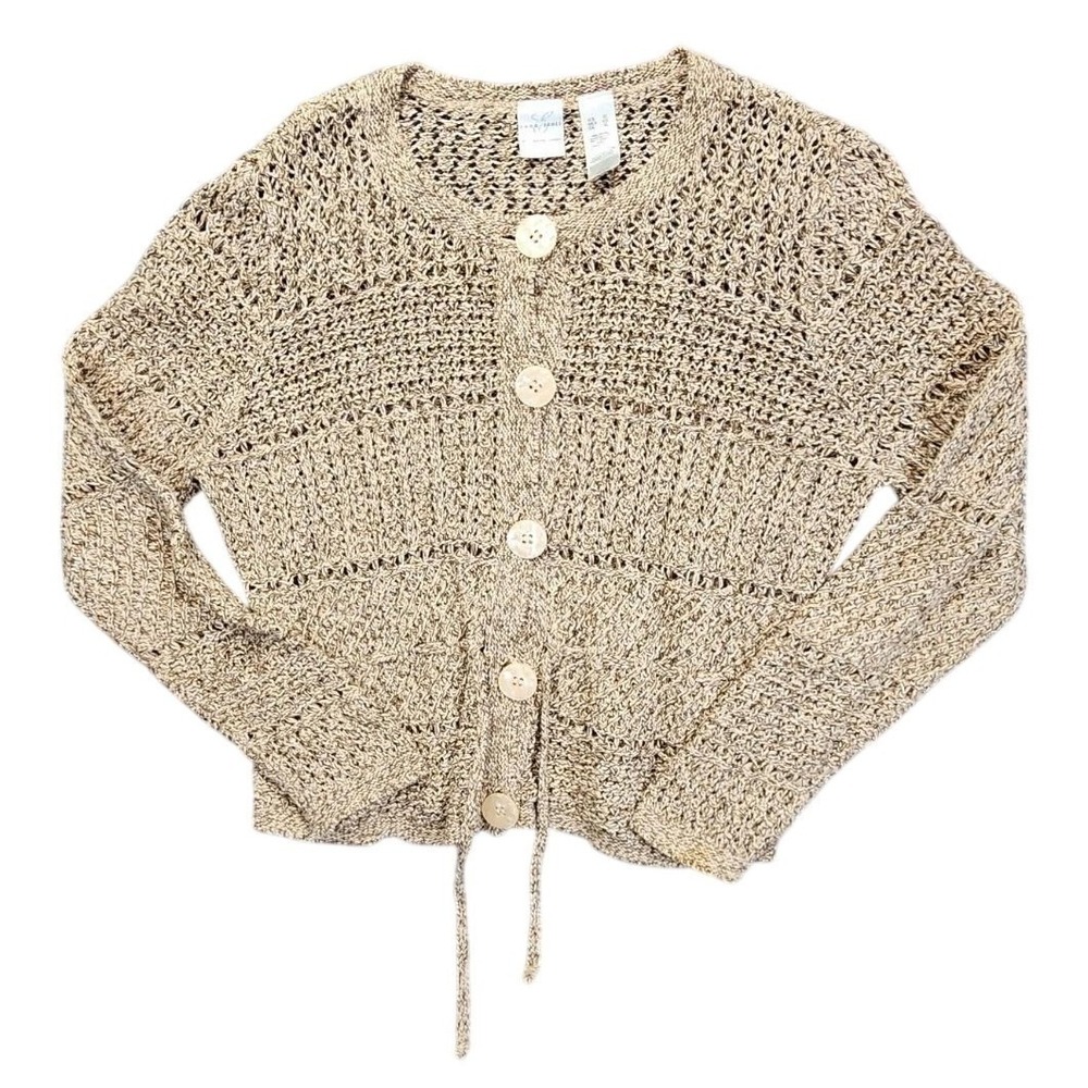 Emma James Tan Marled Open Knit Cotton Cardigan Sweater XL Button Tie Waist